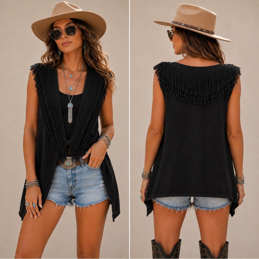 NIC+ZOE Black Fringe Wool Blend Sweater Vest Top Boho Western Festival Small